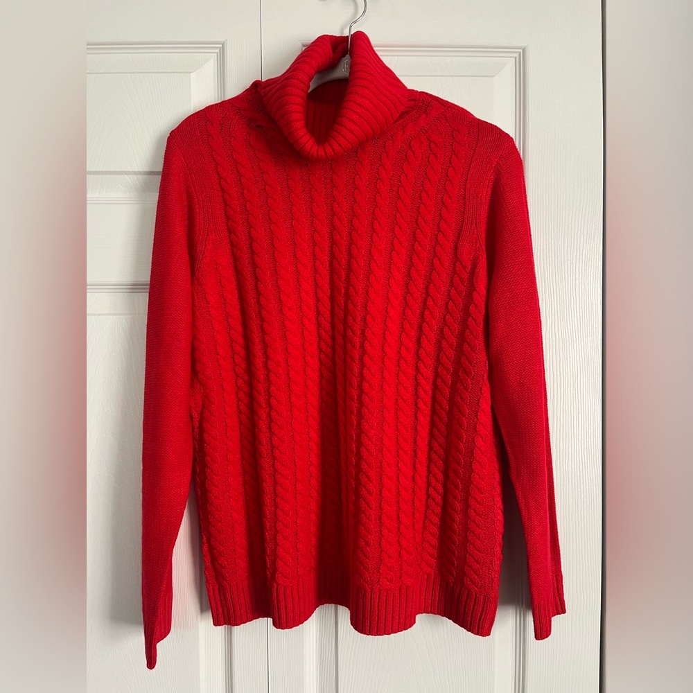Red cable turtleneck sweater